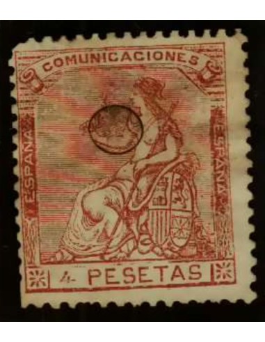 FA3163. Emision 1-7-1873. Valor de 4 pesetas perforado con taladro
