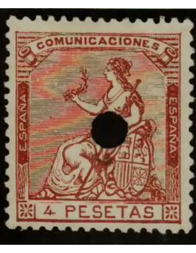 FA3164. Emision 1-7-1873. Valor de 4 pesetas perforado con taladro