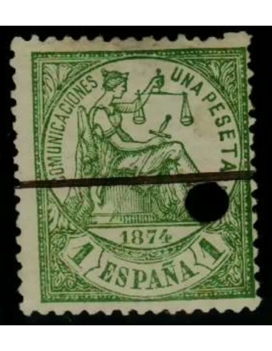FA3207. Emision 1-7-1874. Valor de 1 peseta verde, sello muestras con taladro