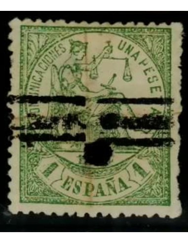 FA3208. Emision 1-7-1874. Valor de 1 peseta verde, barrado con taladro