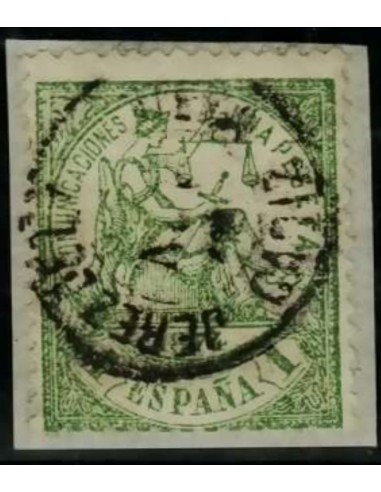 FA3209. Emision 1-7-1874. Valor de 1 peseta verde cancelado con fechador