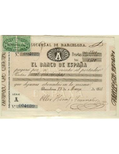 FA3227. Recibo de letra de cambio emitido en Barcelona por 1500 pesetas