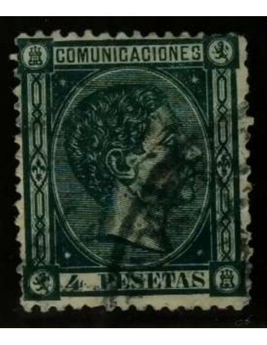 FA3306. Emision 1-8-1875. Valor de 4 pesetas verde cancelado con fechador