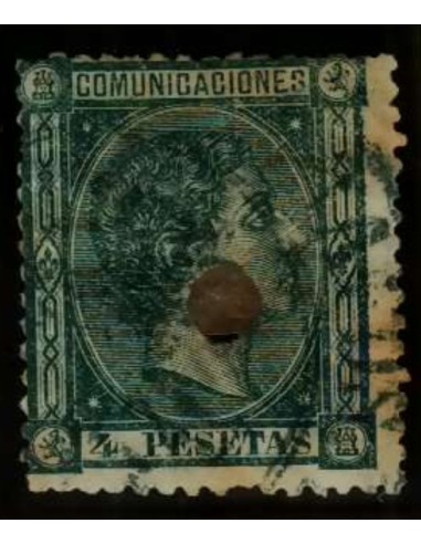 FA3307. Emision 1-8-1875. Valor de 4 pesetas verde cancelado con taladro