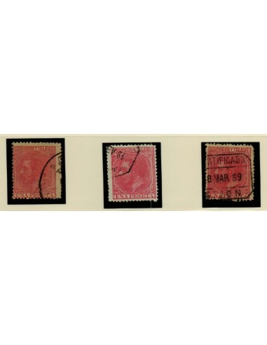 FA3456. Emision 1-5-1879. 4 Valores de 1 peseta con diversas cancelaciones