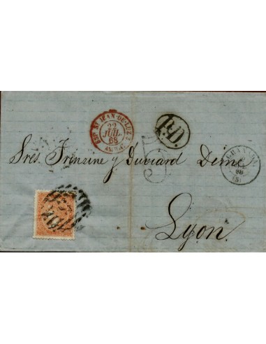FA3707. 1868, Granada a Lyon, cancelado con Parrilla con Cifra 5 LUJO