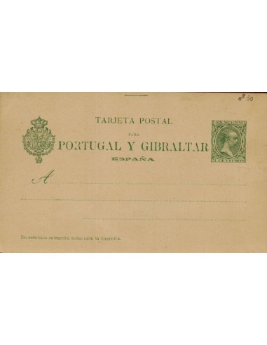 FA4347. ALFONSO XIII. Tarjeta sencilla para Portugal y Gibraltar con inscripción romana con escudo. (1893-1899)