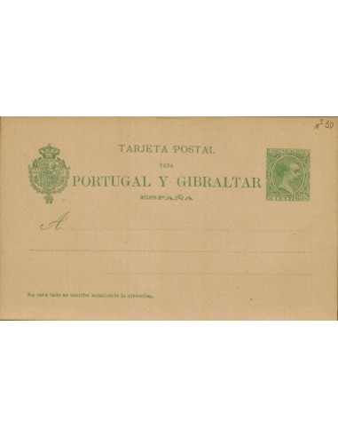 FA4348. ALFONSO XIII. Tarjeta sencilla para Portugal y Gibraltar con inscripción romana con escudo. (1893-1899)
