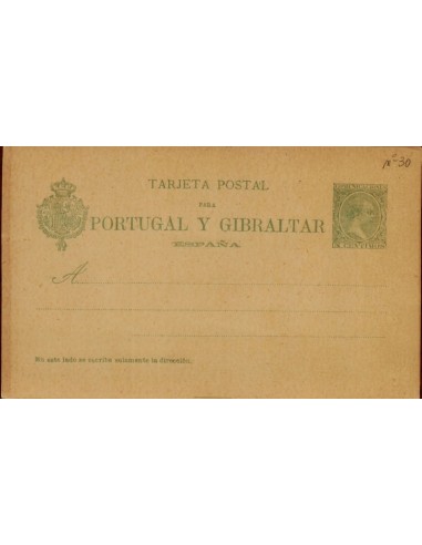 FA4349. ALFONSO XIII. Tarjeta sencilla para Portugal y Gibraltar con inscripción romana con escudo. (1893-1899)