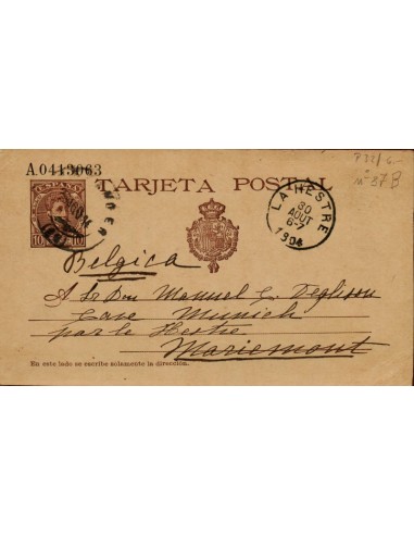 FA4367. 1904, Entero postal de Santander a Lanestre (Belgica)