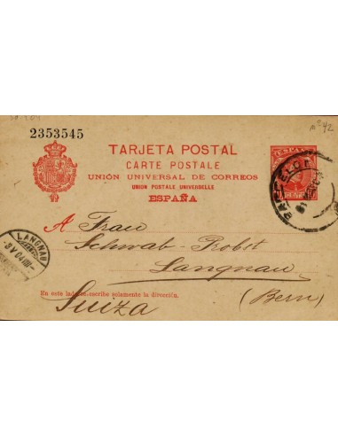 FA4375. 1904, Entero postal de Barcelona a Langnau (Suiza)