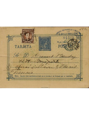 FA4539. 1877, Tarjeta postal de Madrid a Paris (Francia)