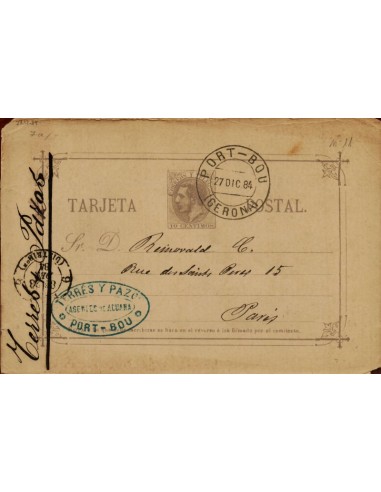 FA4565. 1884, Tarjeta postal dirigida de Port Bou a Paris (Francia)