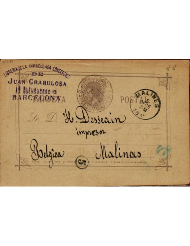FA4568. 1888, 1886. Tarjeta postal dirigida de Barcelona a Malinas (Belgica)