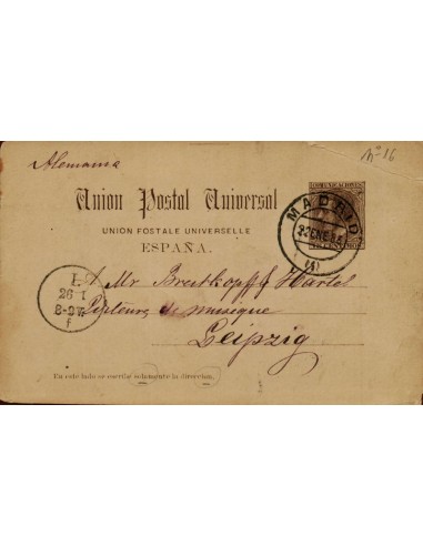 FA4588. 1885, Tarjeta postal dirigida de Madrid a Leipzig (Alemania)