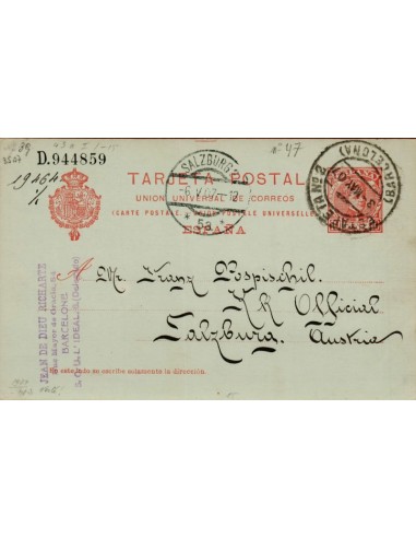FA4629. 1907, Tarjeta postal dirigida de Barcelona a Salzburgo (Austria)