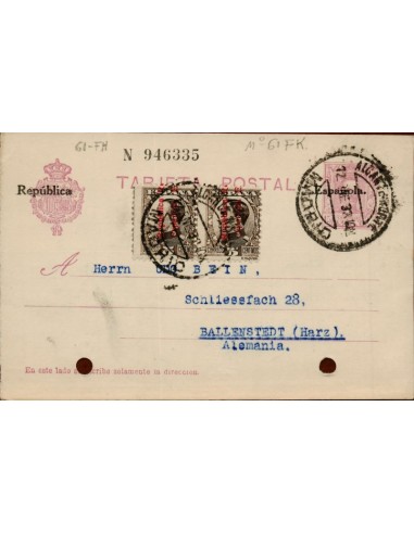 FA4634. 1932, Tarjeta postal dirigida de Madrid a Ballenstedt (Alemania)