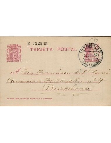 FA4659. 1932, Tarjeta postal dirigida de Viernoles a Barcelona