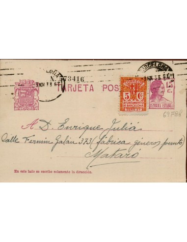 FA4669. 1932, Tarjeta postal dirigida de Barcelona a Mataro
