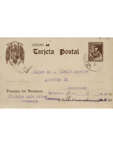 FA4709. 1940, Tarjeta postal dirigida a Barcelona