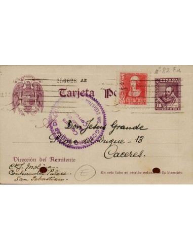 FA4718. Tarjeta postal de San Sebastián a Cáceres
