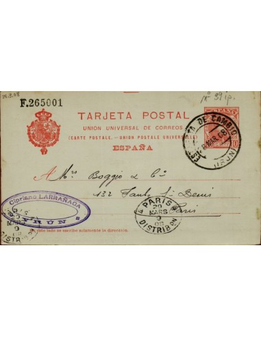 FA4750. 1908, Tarjeta postal dirigida de Irun a Paris (Francia)
