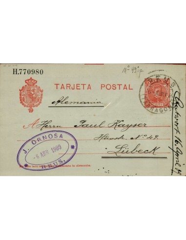 FA4754. 1909, Tarjeta postal dirigida de Reus a Lübeck (Alemania)