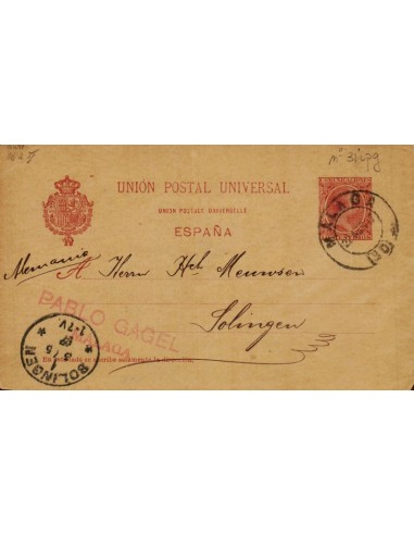 FA4769. 1897, Tarjeta postal circulada de Málaga a Solingen (Alemania)