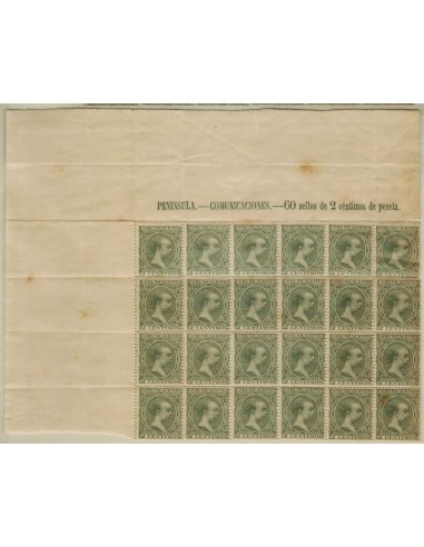 FA4787. Emision 1-10-1889, Bloque de 24 valores de 2 céntimos de peseta color verde en amplio borde de hoja. NUEVO.