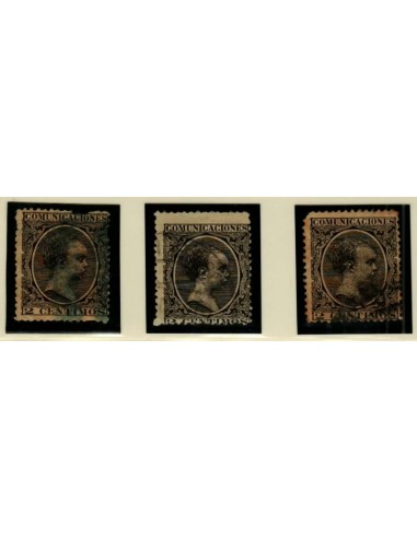 FA4789. Emision 1-10-1889, Conjunto de 3 valores de 2 céntimos de peseta color negro (1899) con diversas cancelaciones.