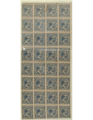 FA4794. Emision 1-10-1889, Bloque compuesto de 32 valores de 5 céntimos de peseta color azul. NUEVO.
