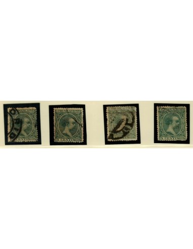 FA4797. Emision 1-10-1889, Conjunto compuesto de 4 valores de 5 céntimos de peseta color verde con diversas cancelaciones.