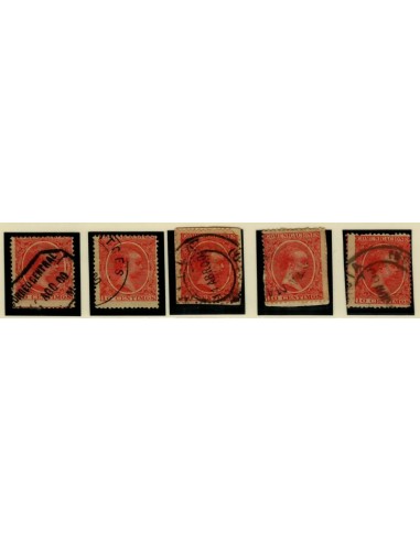 FA4803. Emision 1-10-1889, 5 valores de 10 céntimos de peseta color bermellón con diversas cancelaciones.