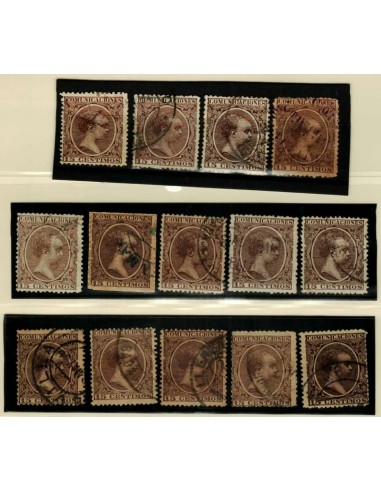FA4808. Emision 1-10-1889, 14 valores de 15 céntimos de peseta color castaño violeta con diversas cancelaciones.