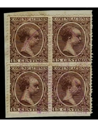 FA4809. Emision 1-10-1889, Bloque de 4 valores de 15 céntimos de peseta color castaño violeta.