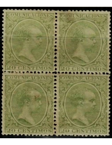 FA4814. Emision 1-10-1889, Bloque de 4 valores de 20 céntimos de peseta color verde amarillento. NUEVO.