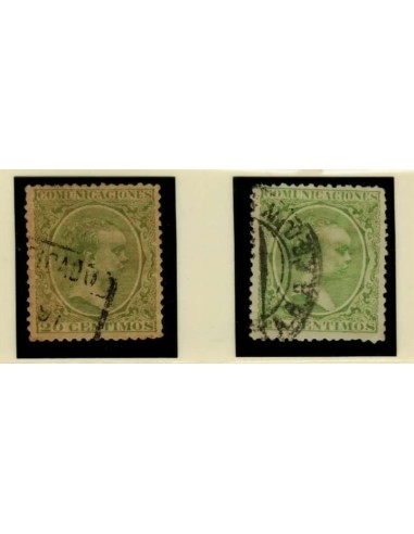 FA4816. Emision 1-10-1889, 2 valores de 20 céntimos de peseta color verde amarillento con diferentes cancelaciones