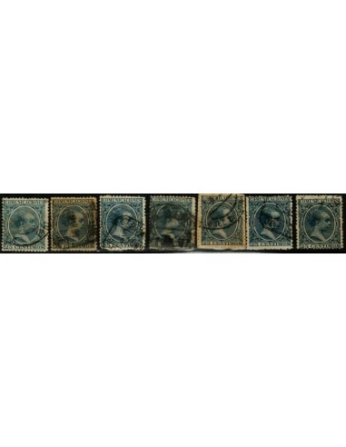 FA4818. Emision 1-10-1889, 7 valores de 25 céntimos de peseta color azul con diferentes cancelaciones.