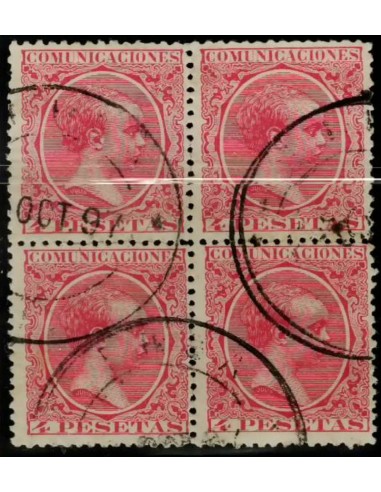 FA4844. Emision 1-10-1889, Bloque de 4 valores de 4 pesetas rosa cancelado