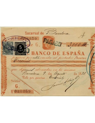 FA4896. Pagaré de Barcelona, sellos complementarios 10+5 negro de impuesto de guerra