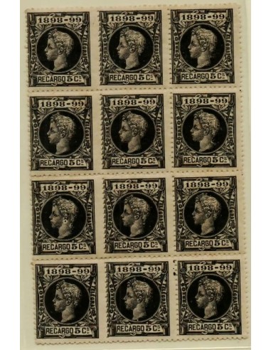 FA4901. 1898, Bloque de 12 valores de recargo de 5 cts, Alfonso XIII