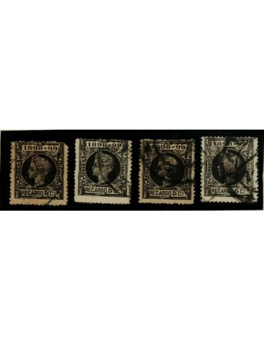 FA4906. 1898, 8 Sellos de recargo de 5 centimos cancelados