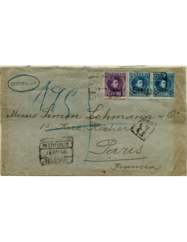 FA4932. 1908, Correo certificado dirigido de Valencia a Paris (Francia)