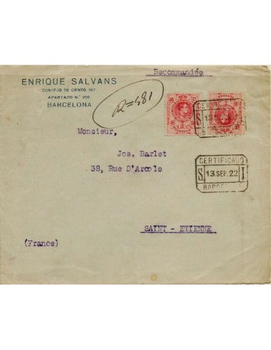 FA4958. 1922, certificado circulado de Barcelona a Saint Etienne (Francia)