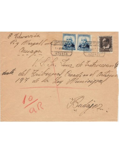 FA5024. 1936, correo certificado de Azuaga a Badajoz