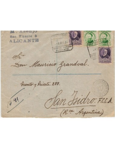 FA5026. 1934, correo certificado de Alicante a San Isidro (Argentina)