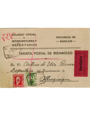FA5055. 1934, Tarjeta postal de reembolso circulada de Montijo a Almendralejo