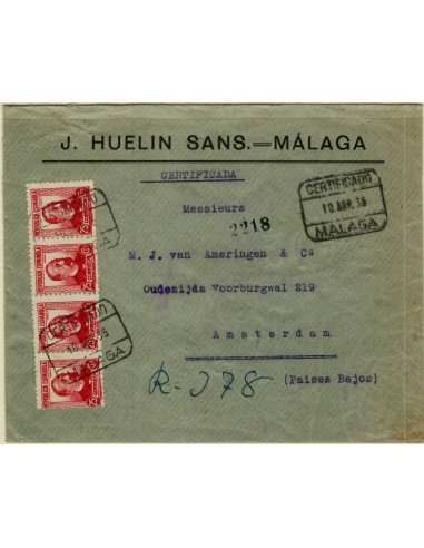 FA5071. 1935, correo certificado de Malaga a Amsterdam (Paises Bajos)