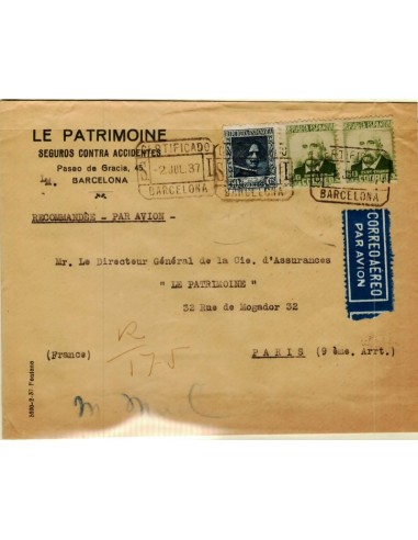 FA5074. 1937, correo certificado de Barcelona a Paris (Francia)