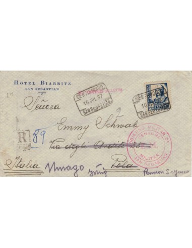FA5107. 1937, Correo certificado de San Sebastian a Umago (Italia). Censura militar de San Sebastian